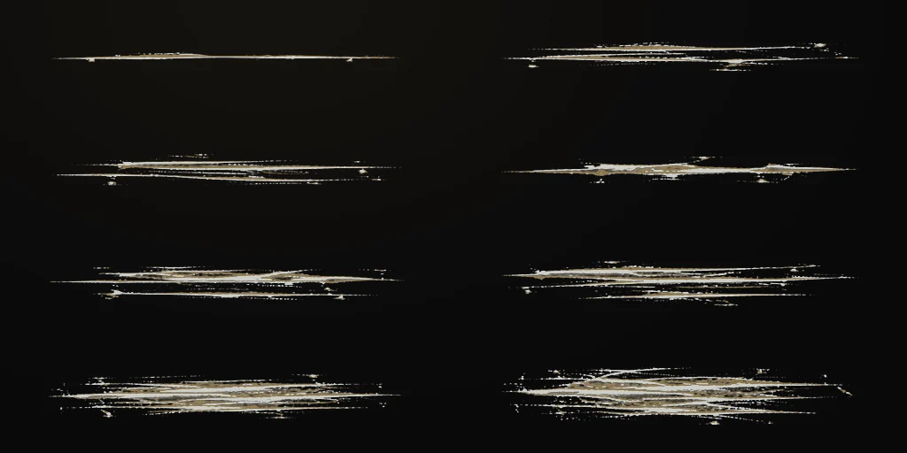 The scratch atlas: eight scratches in a two by four grid, from a single hairline at the top left to a wide gouge at the bottom right