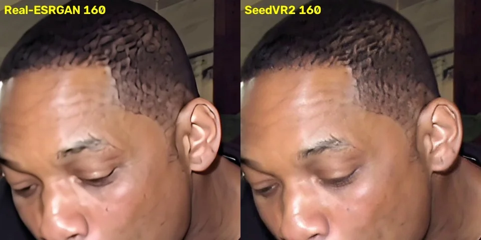 Real-ESRGAN and SeedVR2 side by side on the same frame: the Real-ESRGAN hairline looks cut out and the skin painted, SeedVR2 keeps natural hair and skin texture