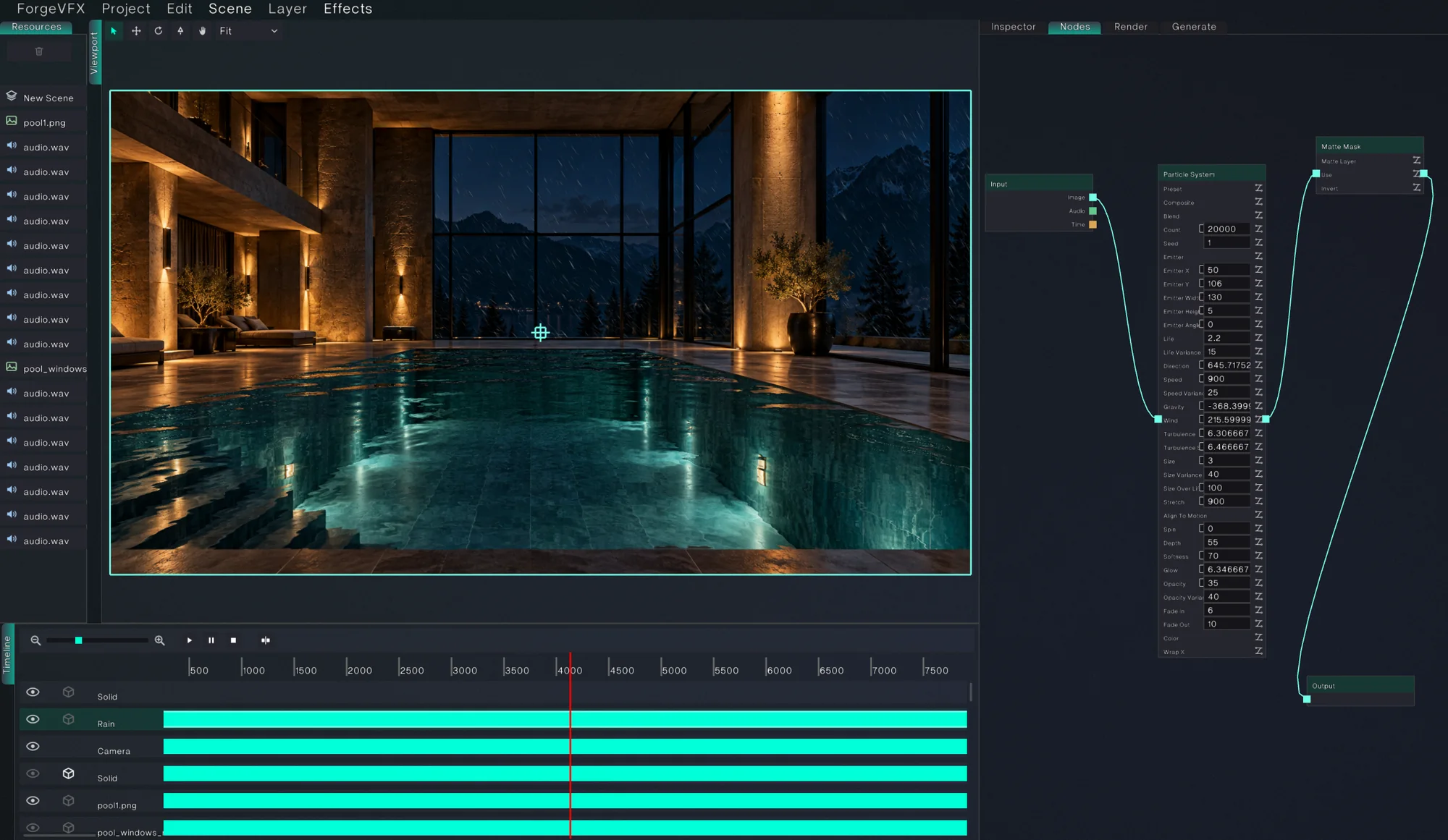 The Forge VFX node editor wiring a particle system into a matte mask