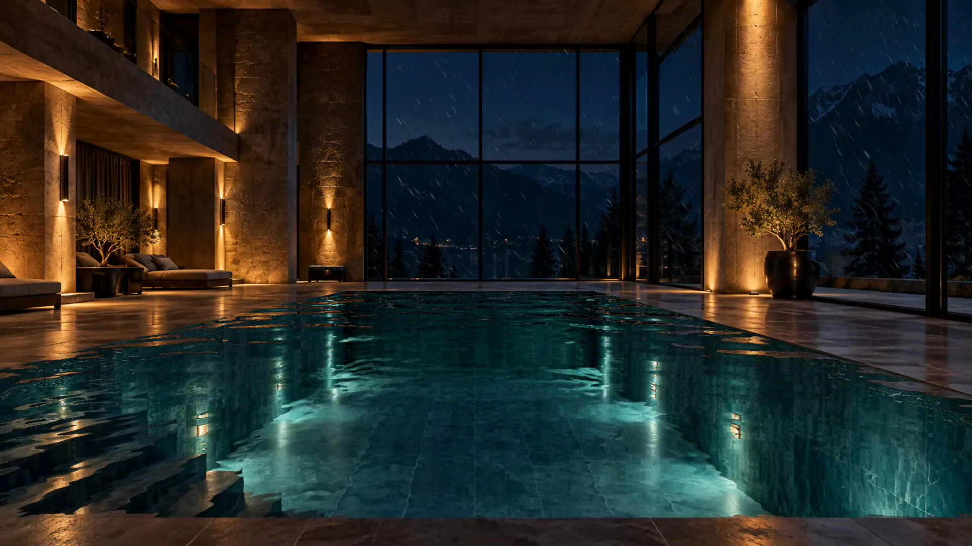 A rendered frame from Forge VFX: an indoor pool at night with rain falling outside the windows